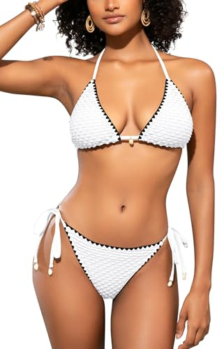 SHEKINI Damen Triangle Neckholder gewebtes häkel Bikini-Set, sexy Zweiteiliger Badeanzug mit Krawatte, süßer Shell-Badeanzug