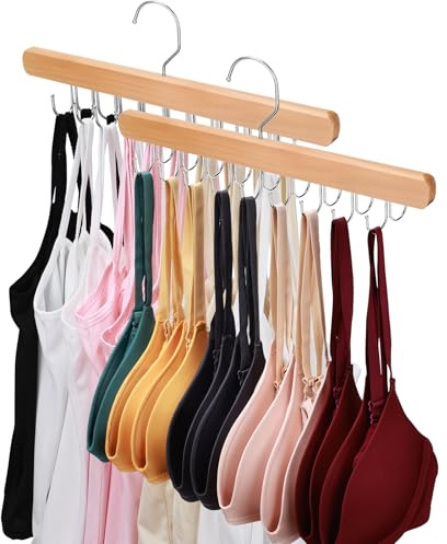 NECAMOCU 2 Pack Bra Hanger for Closet Organizer, Premium Wooden Tank Top Hangers with 36 Foldable Hooks, 360° Rotating Design, Space Saving Storage for Tank Tops, Bras, Scarves and More