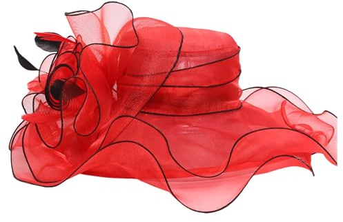 SRZYMJ Rot Damenhut Organza Hut Hochzeit Anlasshut Brauthut Sonnenhut Blumen eleganter Sommerhut Sonnenschutz Strandhut Strohhüte Weinrot Sonnenhut Damen Klein Fischerhut Nylon Schirmmütze
