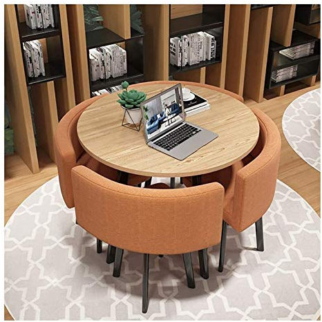 Modernes Business-Konferenztisch-Set mit Stühlen, runder Esstisch für Büro, Meetings, Café und Wohnzimmer, Baumwoll-Leinen-Material, Rot und Orange