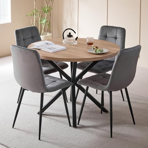 DEYARNA HOME Essgruppe 5-Teilig, 100cm Runder Esstisch und 4 Esszimmerstühle (Holländisches Vlies), Tisch und 4 Stühle für Küche, Wohnzimmer, Balkon, Restaurant, Büro (Helle Holzfarbe+Grau)