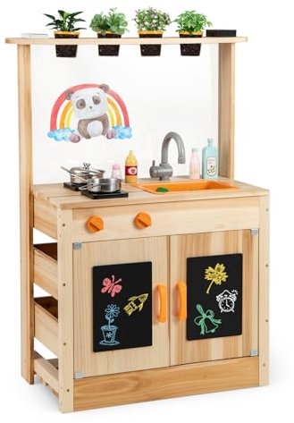 COSTWAY Mud Kitchen, Fir Wood Outdoor Kitchen Playset with 4 Planting Pots, Removable Sink, Acrylic Panel, Chalkboards, Stoves, Kids Potting Bench Table for Boys Girls Ages 3+