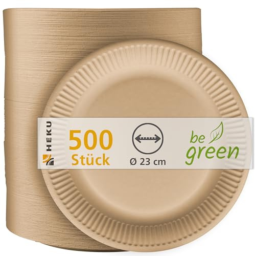 HEKU be green 500 Bio-Pappteller, 23cm Ø I FSC-Zertifiziert I Biologisch abbaubar, vielseitig & umweltfreundlich I Ideal fürs Grillen, Picknick und Partys