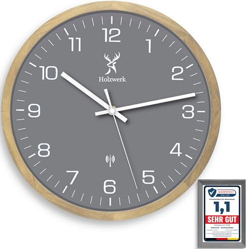 Holzwerk HARBURG Funk Natur Holz Funkwanduhr Wanduhr Holz-Uhr Vintage Funkuhr lautloses Uhrwerk ohne Tickgeräusche Buche Braun Grau Weiß lautlos aus handgefertigtem Massivholz 30 cm