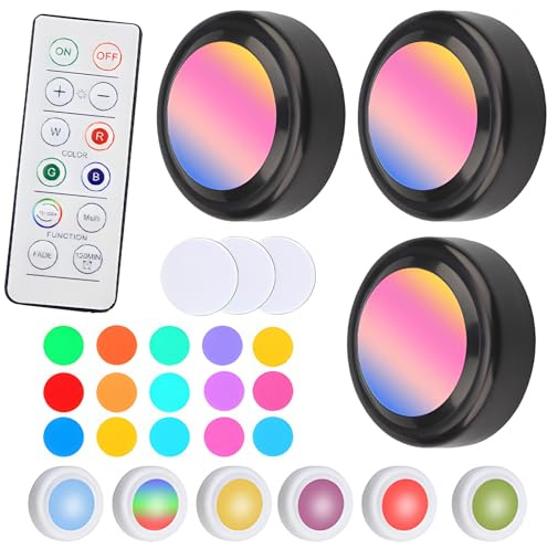 Wireless under Cabinet Lights - 3 Pack Remote-Controlled LED Night Light, 16-Color Ambient Breathing Light, Tap Light, Stick on Wardrobe Light for Kitchen Closets Counter Utility Rooms, Black Shell