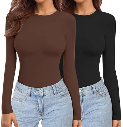 Ekouaer Womens 2 Pack Long Sleeve Tops Thermal Shirts XS-XXL | crew neck, stretch fitted, basics, thermal fabric with micro-fleece, long enough to cover the belly