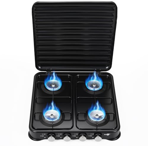 Warmiehomy Camping Gas Stove, 4 Burner Portable Gas Stove, 8800W Gas Hob Cooker with Lid, Propane Camp Stoves for Camping, Garden, Travel, Outdoor Cooking