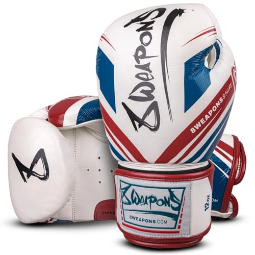 8 WEAPONS Boxhandschuhe Shift, Weiß-Navy-rot, Boxhandschuhe für Training und Wettkampf, Leder, Perfekte Dämpfung und stabile Nähte, Handschuhe für Muay Thai, K1, Boxen, MMA und Kickboxen, 12 Oz