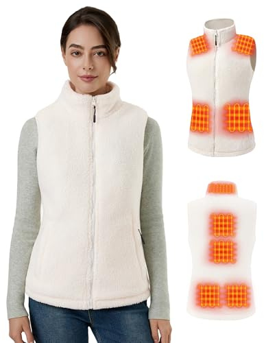 GOTOBI Gilet Riscaldato Donna Con Batteria Da 7,4 V, 16000 mAh, 9 Zone Di Riscaldamento, Gilet In Pile Riscaldato Con 3 Temperature Regolabili, Per Ciclismo, Lavoro All'Aperto,Bianco,S