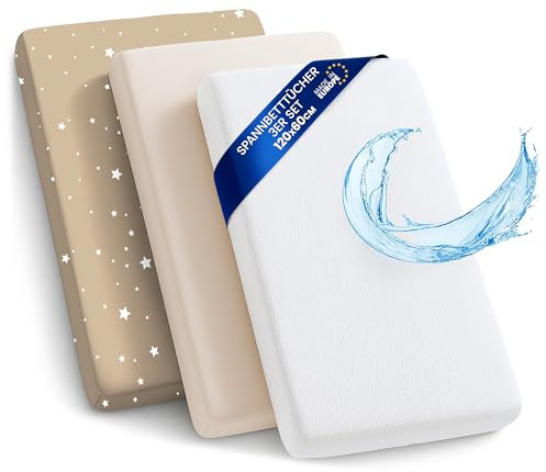 Lenzuola con angoli per passeggino Set di 3: 60x120 cm - 2 lenzuola + 1 coprimaterasso impermeabile - Accessori per lettino per culla co-sleeping carrozzina 60 x 120