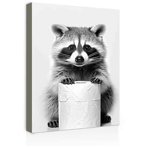 Badezimmer Wandbild Leinwandbild mit Rahmen Lustiger Waschbär mit Toilettenpapier – Humorvolles Kunstdruck Bild für Gäste WC, Toilette oder Bad Wanddeko mit Haken und spurlosen Nägeln 30x40 cm