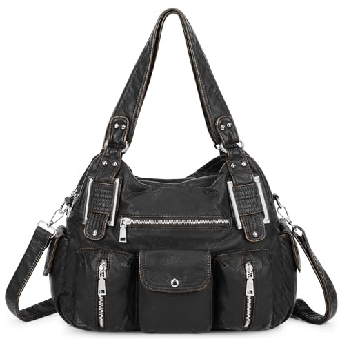 VINBAGGE Damen Handtasche Große Schultertasche PU Leder Henkeltasche Frauen Weiches Hobo Tasche Umhängetasche für Reisen Schule Shopping Mädchen,F-Schwarz+Gold
