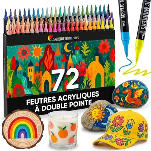 Zenacolor - 72 Farben Acrylstifte für Steine Wasserfest - mit Doppelspitze - Feine und Pinsel - Für Verschiedene Oberflächen Geeignet - Multimarker Acryl