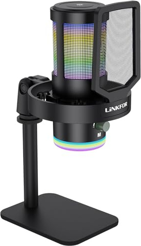 LiNKFOR Microphone Gaming USB avec RGB - Annulation du Bruit & Effet Réverbération - pour Streaming Gaming et Bureau