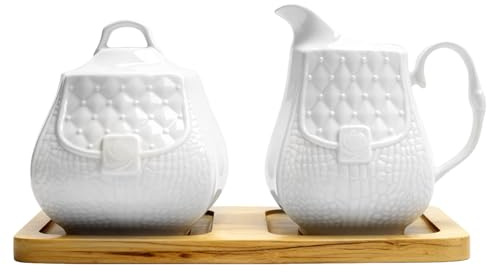HOSPAOP Juego de leche y azúcar con tapa y cuchara, jarra de leche de cerámica con azucarero, incluye bandeja de madera, apto para lavavajillas, ideal para café, tazas de capuchino y vajilla de loza