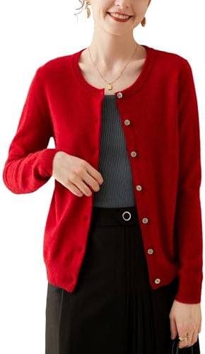 WEWE Women Cashmere Crew Neck Long Sleeve Button Cardigan,Red,16