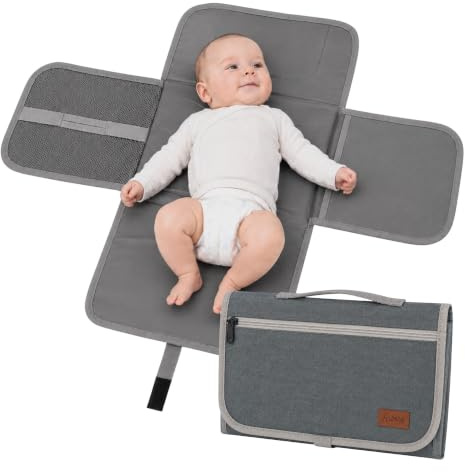 AWASG Wickelunterlage Unterwegs Baby, Wickelauflage mit Fächern Feuchttücher Windeln, Wickelmatte faltbar Reisen (Dunkelgrau)