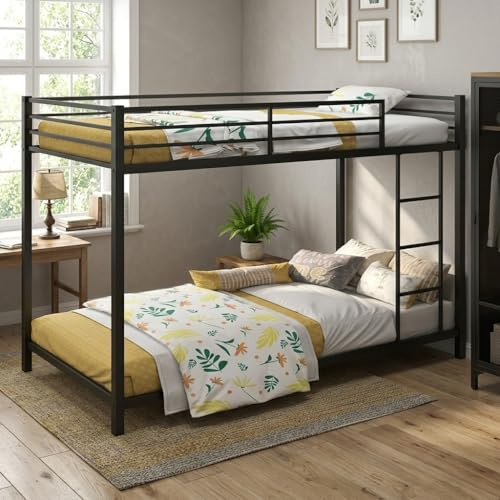 Multigot Metal Bunk Bed, Single over Single High Sleeper Beds (Black) | Heavy-duty Slatted Loft Bed Frame with Ladder and Safety Guardrail for Adults Teens, No Box Spring Needed