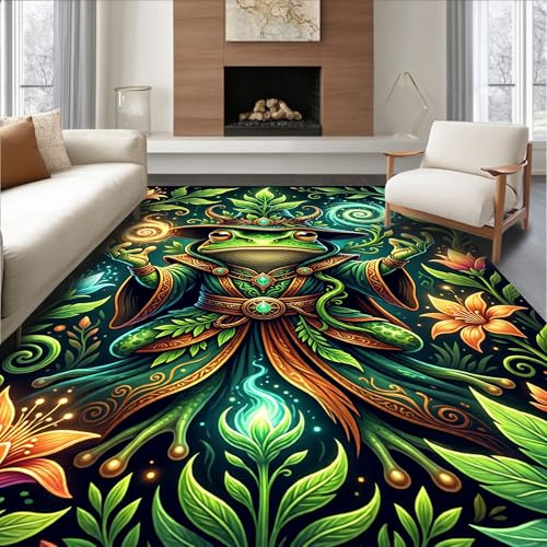 Design&I Low Pile Flatwoven Area Rug 3x5, Fantasy Frog Mage Illustration with Magical Herb Spirals and Enchanted Flora, Machine Washable, Indoor for Living Room, Bedroom, Non Slip(Green, 3x5)