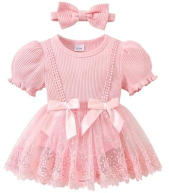 JiAmy Baby Girl Tulle Romper Dress Headband 0-18M | Ribbed puff sleeves, lace trim, tulle tutu skirt and headband; for 0-18 months; for summer