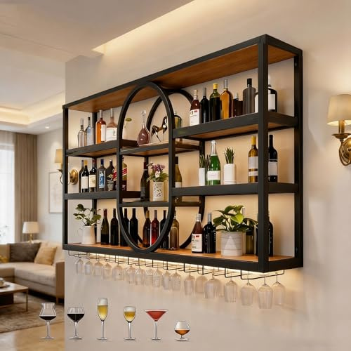 Pazcalie Wall Mounted Wine Rack 3-Tier Metal Hanging Bar Shelves for Liquor Bottles,Modern Wine Rack Wall Mounted with Wine Glass Storage Racks (BLACK, 120 * 20 * 120CM)
