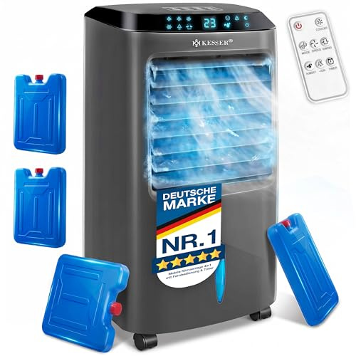 KESSER® Mobile Klimaanlage 4in1 Luftkühler – Air Cooler mit Fernbedienung & Timer, 10L Wassertank, Ionisator & Luftbefeuchter, Ventilator Klimagerät ohne Abluftschlauch, 3 Stufen inkl. Kühlakkus