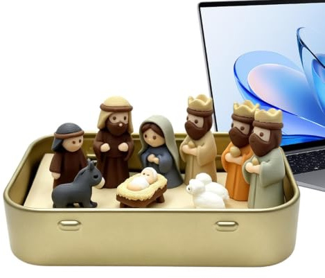 Julkrubba scen uppsättning 3D-Utskrivna Religiösa i en Tennask | Julens Krubbscen Figuriner För Bruk Vid Sängbord, Skrivbord, I , På Bokhyllan, Vid Öppen Spis, Inomhus Och På