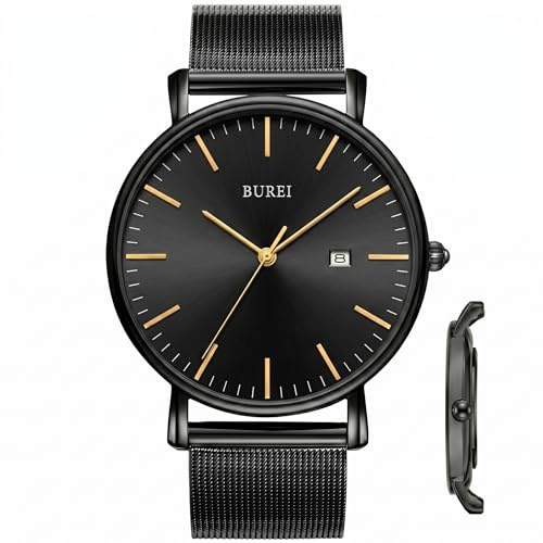 BUREI Herrenuhr, minimalistisch analoge Quarzuhr, wasserdichte ultradünne Herrenuhr mit Lederarmband, Männergeschenk((Schwarz/Gold