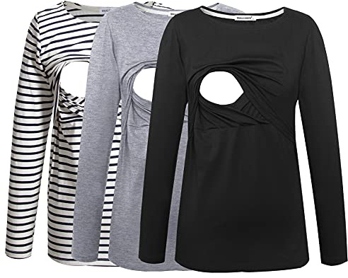 Smallshow Damen Umstands-Still-Top, bequem, langärmelig, Still-T-Shirt, Weiß, Marineblau, Streifen/Schwarz/Grau (Baumwolle), XX-Large