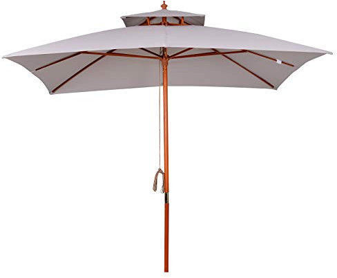 Outsunny Sombrilla de Jardín 3x3x3 m Parasol de Jardín de Bambú con Doble Techo Sistema de Polea Impermeable para Terraza Balcón Exterior Gris
