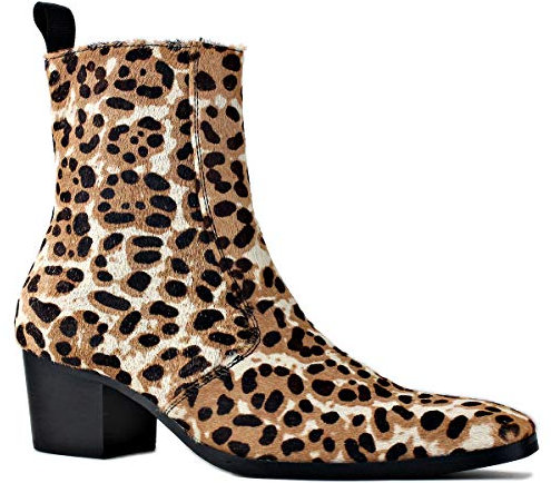OSSTONE Chelsea cowboy Stiefel für Männer High Heels boots men Herren Kleid Schuhe Reißverschluss leder Leoparden OS-JY012-A-DE，Beige，Mens size EU42.5