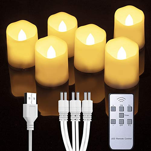 Homemory Velas votivas recargables sin llama, velas de té que funcionan con pilas con temporizador, 6 velas falsas eléctricas en blanco cálido (cable de carga USB incluido)