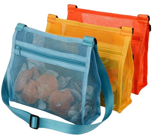 MUYIZI Mesh Beach Bag for Shells Collecting 3 Pack,Shell Bags for Beach, Beach Shell Bag for Kids, Sea Shell Bags for Picking Up Shells, Sand Toys Swimming Accessories for Boys and Girls
