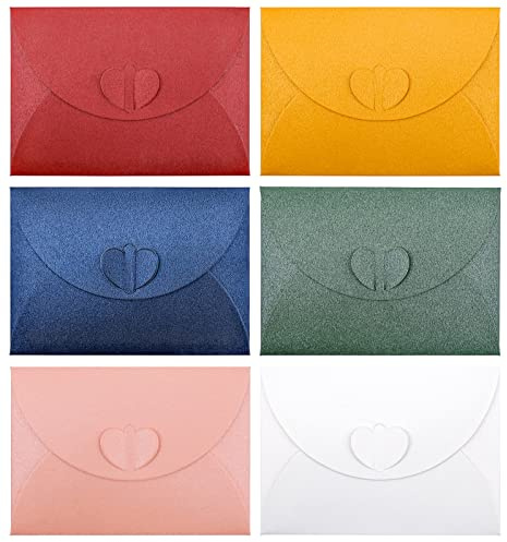 INHEMING Mini Umschläge Bunt, 30 Bunte Kleine Briefumschläge,Miniatur Kuverts mit Herz Verschluss in 6 Farben,für Geschenkkarte Hochzeit, Geburtstag Party Supplies - 10 x 7 cm