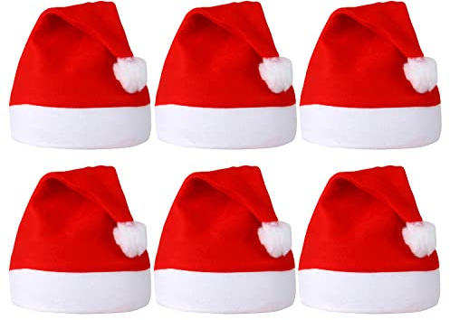 SULOLI Christmas Santa Hats, 6 Pack Xmas Comfort Plush Red and White Holiday Hats for Christmas Festive Holiday Party Supplies