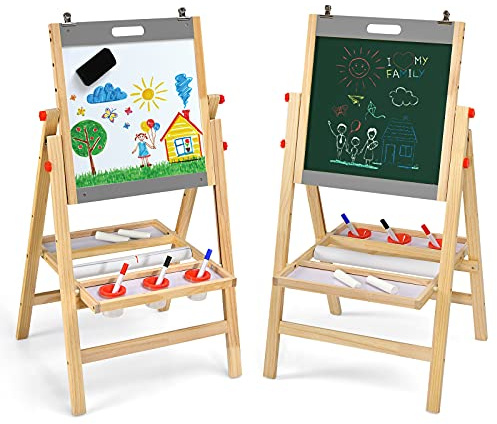 LIFEZEAL 2 in 1 Kindertafel, Höhenverstellbare Staffelei Kinder, Standtafel aus Holz, Abklappbare Maltafel, Doppelseitenbrett mit Kreidetafel & Whiteboard, mit Zubehör & Ablageregal (Grau)