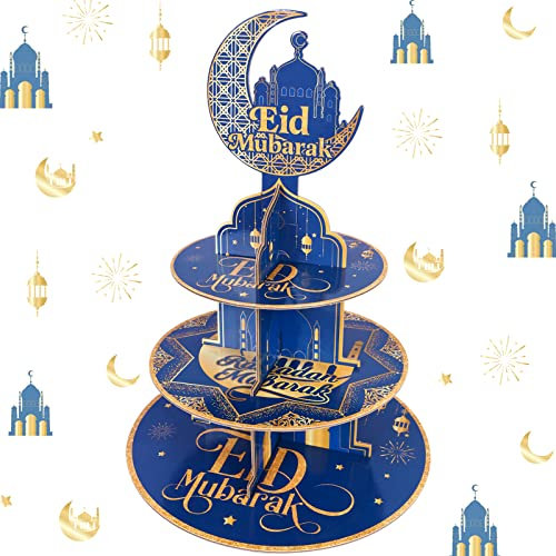 Jollyboom Ramadan Mubarak Party Supplies, 3 Tier Eid Mubarak Cardboard Cake Stand, Blue Ramadan Kareem Theme Foldable Cupcake Candy Dessert Display Tower for Eid Celebration Party Decorations