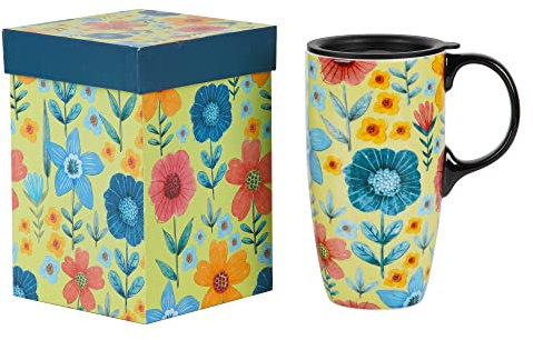 Topadorn Ceramic Travel Mug with Lid Coffee Mug with Gift Box Latte Mug Coffee Cup, 17oz Large Capacity Mug Home Office Gift, Microwave & Dishwasher Safe, Spring Garden