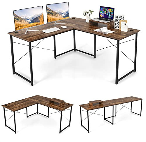 COSTWAY Schreibtisch L-Form, reversibler Eckschreibtisch mit Monitorständer, Ecktisch mit 3 Kabellöchern, Gaming Computertisch Bürotisch für Home Office, 150 x 150 x 74 cm (Rustikales Braun)