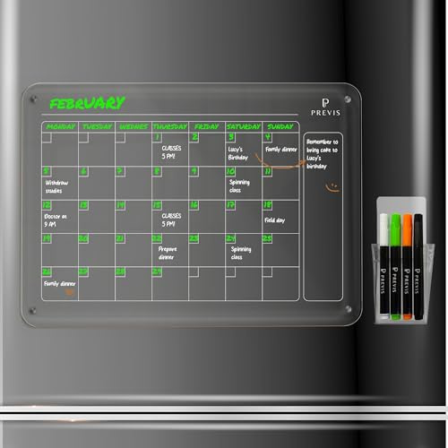 PREVIS A3 Magnetisk Kylskåpskalender (40 x 30 cm) Med 4 Extra Fina Spetspennor, Transparent Whiteboard, Månatlig, Akrylisk Skiffer - Planera Månaden