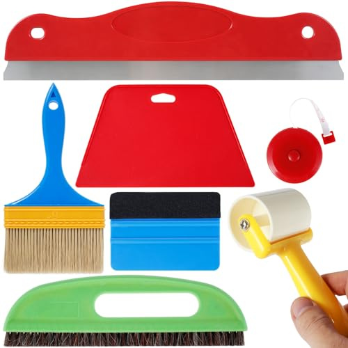 Wallpaper Smoothing Tool Kit, Multi-Function Wallpaper Tool Set for Peel and Stick Contact Paper Vinyl Window Film Car Wrap, Wallpaper Paste Kit with Squeegee Smoother Seam Roller and Nylon Brush