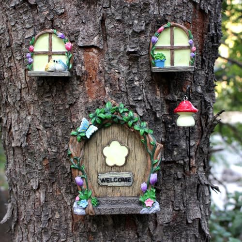 Meyas Garden Sculptures Outdoor Statues - Miniature Fairy Decoration Gnome Ornament Accessories Kit Art Yard Tree Face Figure Decoration - Glow in the Dark