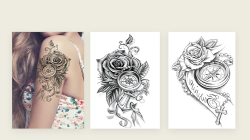 2 Blätter Temporary Rose Kompass Uhr Tattoo Blume Tattoo TH485 486