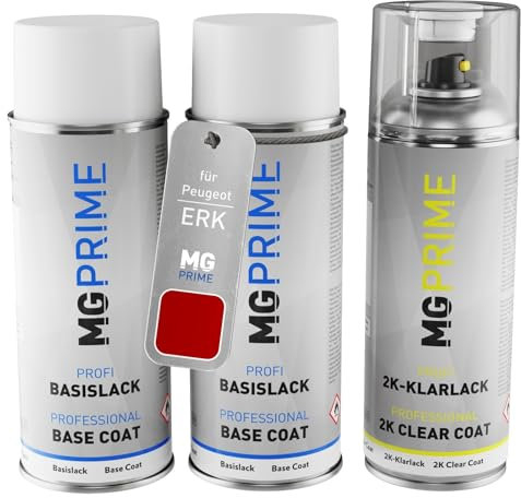 MG PRIME Autolack 2K Spraydosen Set für Peugeot ERK Jelly Berry/Purple Berry Grundlack Basislack 2 Komponenten Klarlack Sprühdose