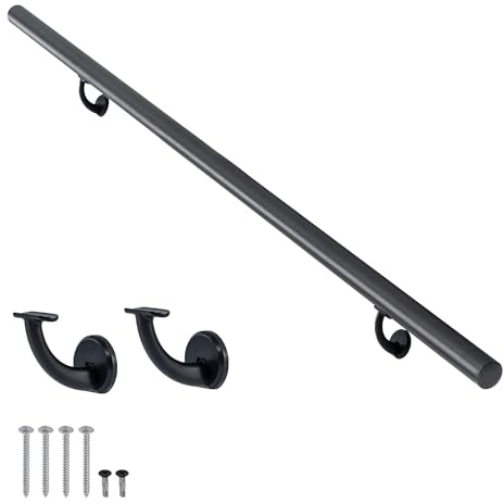 PICESA 12 FT Modern Aluminum Handrail Set, handrails for Indoor Stairs,Deck,Slope, Wall Mounted Staircase handrails, Zink Alloy Brackets Included,Rust Free. (Matte Black, 12 FT)