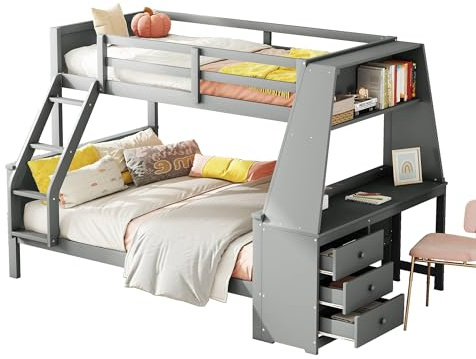 Azkoeesy Etagenbett 140x200 | 90x200 cm mit Treppe und Schreibtisch (3 Schubalden und Bücherregal) Familienbett 3 Kinder-/Jugendbett Stockbett mit Geländer und Lattenrost, Kiefernholz, Grau