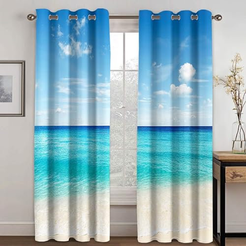 MTBDDyyds Vorhänge Für Kinderzimmer Jungen - 3D Strand Meer Landschaft 137X117Cm - Kinderzimmervorhänge Mit Ösen, Verdunkelungsvorhang Gardinen Schals Vorhang Blickdicht