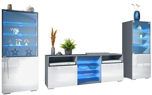 Vladon Ensemble Mural Granada pour Salon, Comprenant 2 vitrines et 1 Meuble TV, Anthracite Mat/Blanc Haute Brillance éclairage LED Inclus (286 x 122,5 x 35 cm)
