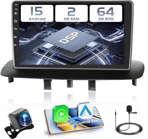 Hikity 2+64G Android 15 Autoradio per Renault Megane 3 2009-2014 Radio Carplay Android Auto, 9 Pollici IPS Touch Screen Radio con Telecamera Bluetooth Navi WiFi DSP EQ Mirror Link