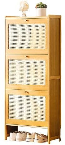 LONEU Rattan-Schrank Schuhkipper mit 3 Klappen Schuhschrank, Schmal Schuhregal Schmaler Schuhregal-Organizer Freistehender aus Holz für Eingangsbereich, Flur, Schlafzimmer(Color:B,Size:50X22.5X120CM)